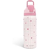 Heart Insulated Stainless Steel Water Bottle with Straw for Sports and Travel, 32oz, Gifts for Women Girls Friends Teens Birthday Christmas (Grid Background)