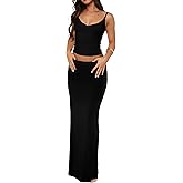 Lybiogs Two Piece Skirt Set for Women - Sexy Sleeveless Spaghetti Strap Pleated Tank Top Maxi Long Skirts Sets