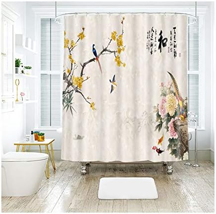 Blisfille Bathroom Curtains Shower Hooks Fabric Polyester Flower And Bird View 120X180Cm