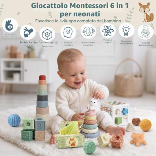 Anook Baby Toys 6-9-12 Months, 6 in 1 Montessori Games 6 Months | Sensory Toys for Babies with Stacking Games, Tissue Box, Shape Cubes to Sort, Newborn Gift 6-12 Months