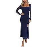 Hocuos Women's Spring Long Sleeve Square Neck Mesh Ruched Bodycon Maxi Dresses Split Cocktail Wedding Guest Long Dress