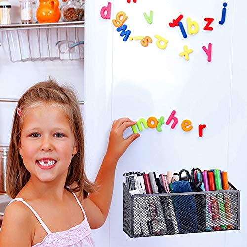 Magnetic Pencil Holder Magnetic Storage Basket with 3 Generous Compartments Organizer with Extra Strong Magnets -Perfect Mesh Pen Holder Perfect for Whiteboard, Refrigerator(Black)