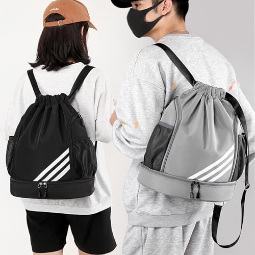 Drasry Drawstring Backpack Resistant String Bag Swimming Gym Sports with Compartment Side Mesh Pockets for Women Men
