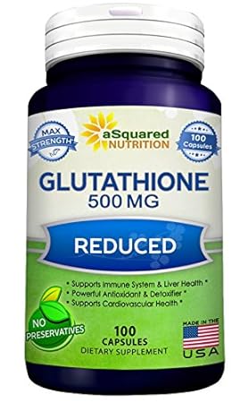 Reduced Glutathione 500mg Supplement - 100 Capsules - Max Strength L-Glutathione Powder Pills to Help Immune & Brain Function - L Glutathione (GSH) Antioxidant Vitamin Support Liver Health Detox
