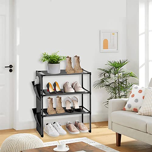 ivaxdayuqan Zapatero, zapatero, 3 niveles, negro, zapatero, estrecho, con 2 bolsillos laterales, organizador de zapatos para armario, pasillo, dormitorio, entrada, salón, ahorra espacio