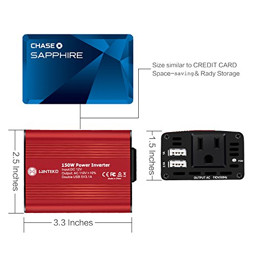 WINTEKD 150W Car Power Inverter DC 12V to 110V AC Converter with 3.1A Dual USB Charger Adapter (Red)