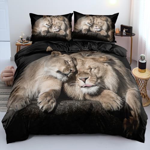 Dxhome Löwen 3D Bettwäsche Set 135X200Cm Schwarz Löwenbaby Tiermotiv Weiche Mikrofaser Atmungsaktiv Wendebettwäsche Bettbezug Mit Reißverschluss + 1 Kissenbezug 80X80 Cm