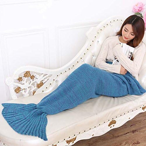 Mermaid Tail Blanket, Handmade Knitted Wearable Blankets for Adult, Super Soft for All Seasons Sleeping Bags (190x90 cm, Lake-blue)