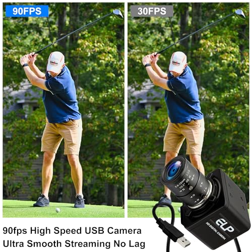 ELP 90fps Global Shutter USB-Kamera 1200P Golfschwungkamera mit hoher Bildrate, 5-50mm 10x manuelles Zoomobjektiv, Industriekamera für Bildverarbeitung, Lightburn, Jetson Nano, Live-Streaming