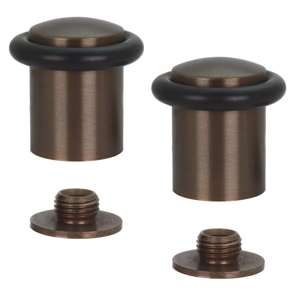 EVI Herrajes | Pack of 2 Brass Door Stops | Ø24x35mm | Floor Mounted | Rustic Finished Brass | Natural Silicone Protection | Includes Screw + Fastening Plug | Model I-10824X35-RU