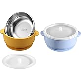 Dovesail 2 Pack Stainless Steel Baby Bowls with Removable Non-Slip Silicone Suction Shell and Lids, Anti Scald Food Container for Baby Food Feeding-Skyblue & Yellow