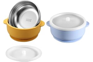 Dovesail 2 Pack Stainless Steel Baby Bowls with Removable Non-Slip Silicone Suction Shell and Lids, Anti Scald Food Container for Baby Food Feeding-Skyblue & Yellow
