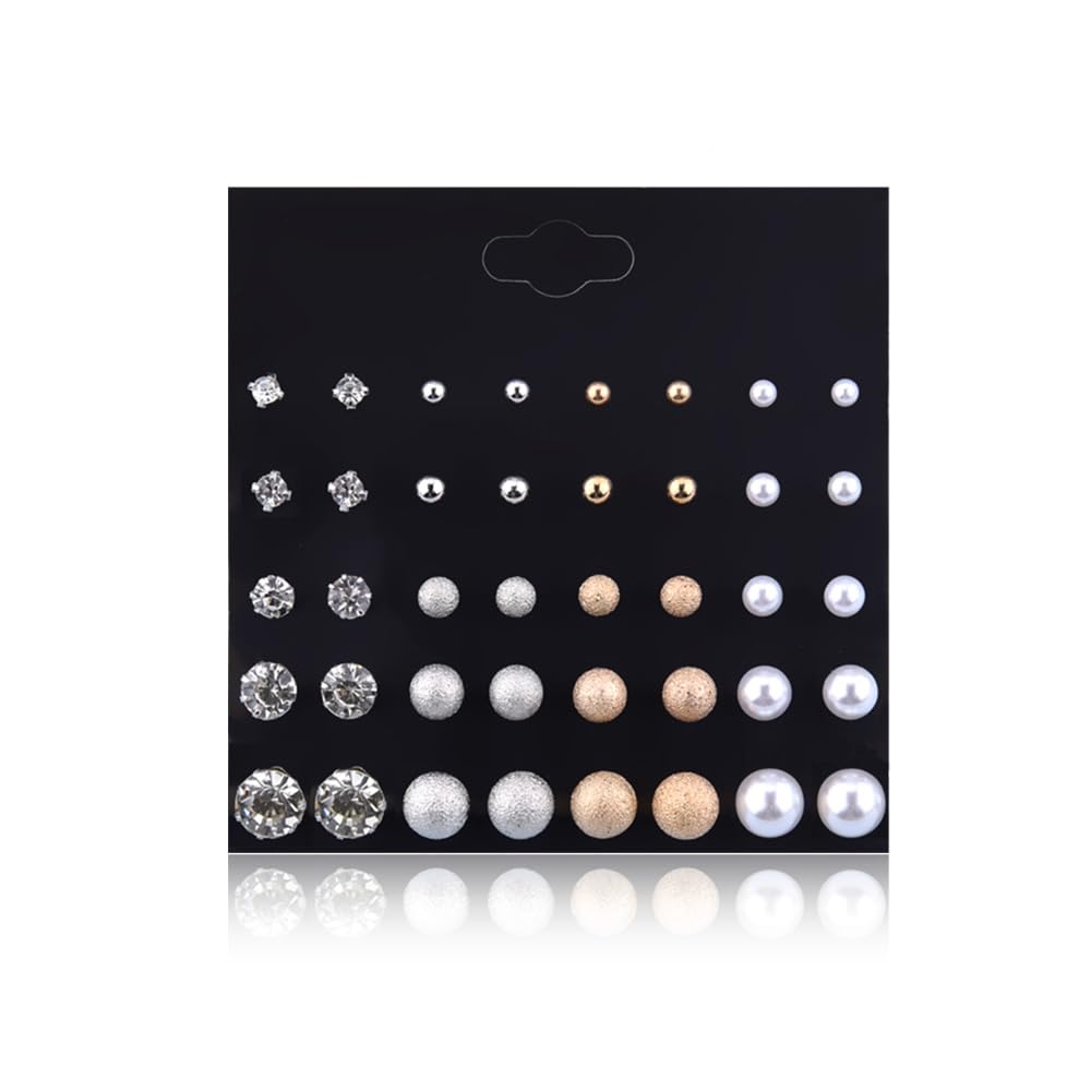Photo 1 of 20 Pairs Stud Earrings Crystal Pearl Earring Set Ear Stud Earring for Women Men Silver and Gold for Christmas Gifts