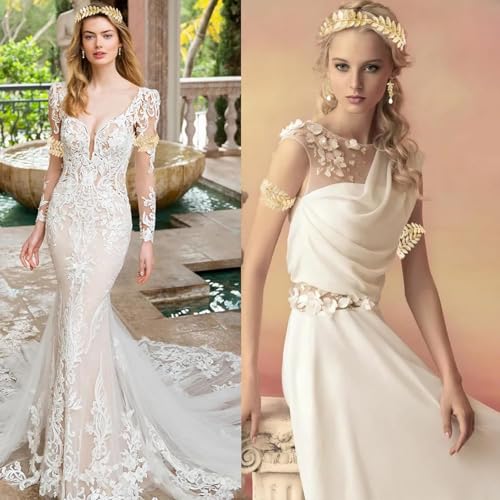 5 Pieces Greek Goddess Costume Accessories Set, Greek Goddess Accessories With 1 Pcs Golden Leaf Crown Headband, 2 Pcs Dangle Earrings and 2Pcs Armband Bracelet for Bridal Bridesmaid Wedding Party