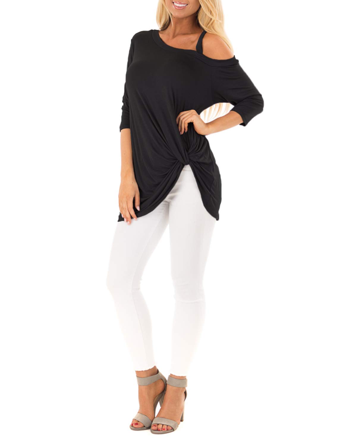 bmjl Women\'s One Off The Shoulder Blouse Knotted Loose Top Tees