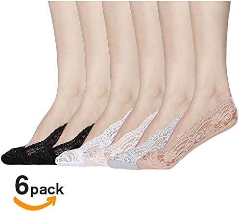 Womens Lace 6 Pair Various Color Non-skid Low Cut Boat Socks With Toe Grip (Black2 white1 grey1 pink1nude1),Large