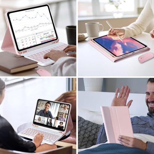 Funda con Teclado de Español(Incluye Ñ) para iPad 10.2 7a 8a 9a Genaración y iPad Air 3/Pro 10.5 Inalámbrico Teclado Bluetooth Magnético Desmontable,ratón Bluetooth-Rosa(Ver Imagen Principal 2)