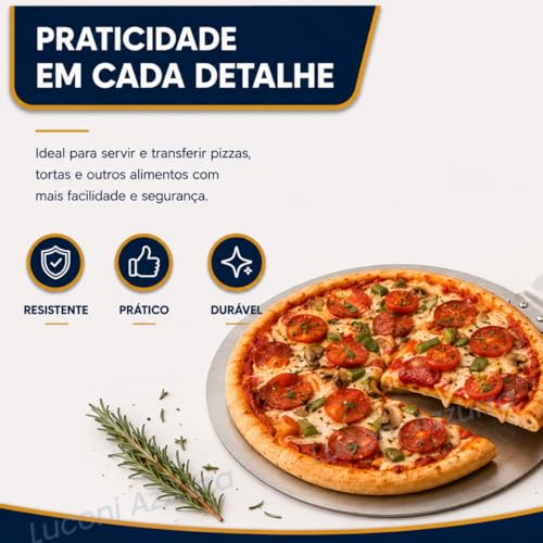 Pá de Pizza Redonda em Aço Inoxidável, 31cm, com Cabo de Madeira, para Pizza, Pães e Massas