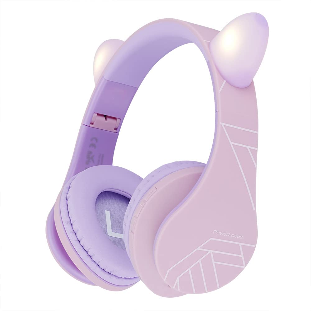 PowerLocus P2 Kids Headphones Wireless, Bluetooth Headphones for Kids Over Ear with Volume Limit 85DB, Cat Ear LED Light Up, Built-in Microphone, Foldable, Micro SD/TF for iPhone/iPad/Laptop/PC/TV