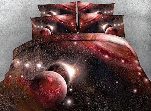 Ammybedding 3D Galaxy Bedding Sets, Cool Digital Print King Size Soft and Warm Comforter Cover 4 Piece, Red Duvet Cover with 2 Pillow Shams and 1 Sheet