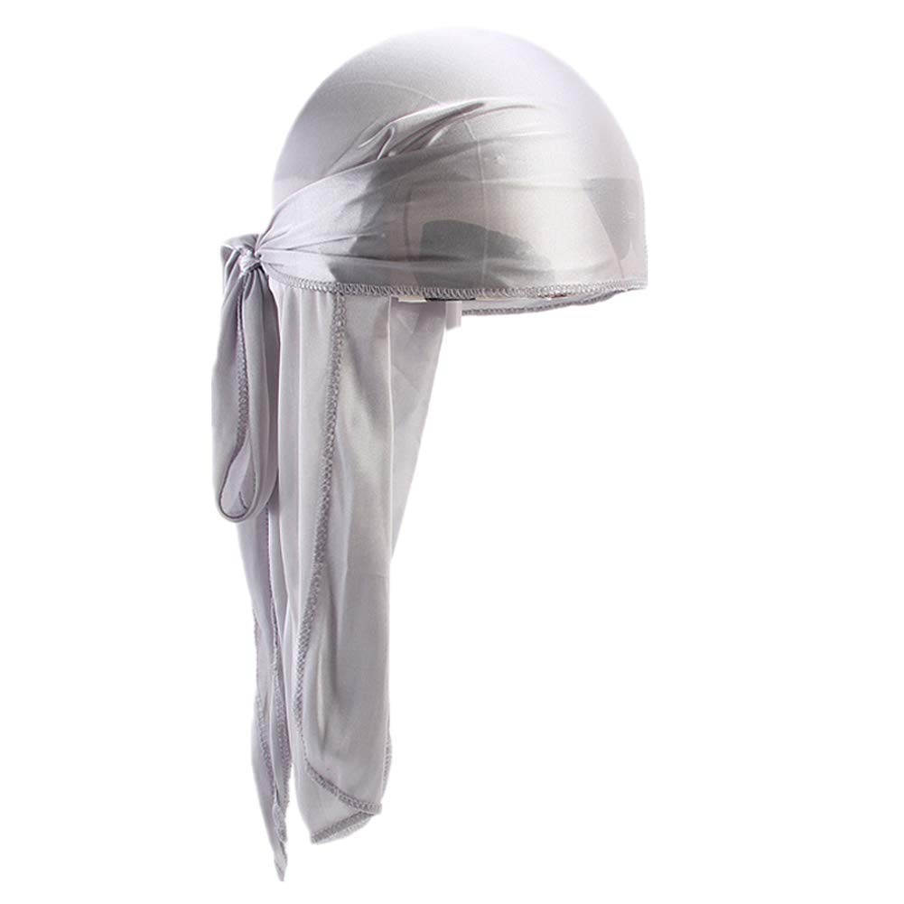 Men Women Durag Extra Long-Tail Headwraps Silky Satin Pirate Cap Bandana Hat for 360 Waves Silver