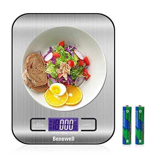 Benewell Digital Food Scale, 1g/0.002lbs to 11lbs Capacity Accurate Weight Measurement Stainless Steel Kitchen Scale for Meat, Gram, Coffee Bean, Fruit, Baking Powder and More (Batteries Included)