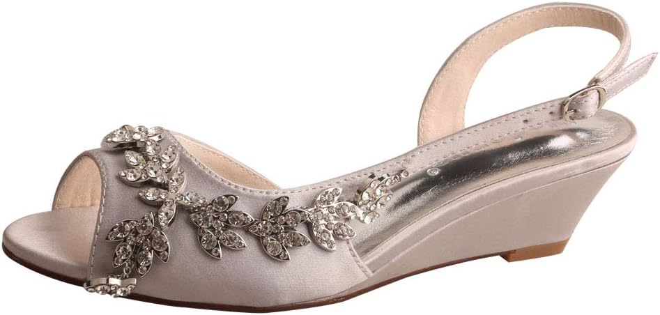 MW368 Women's Peep Toe Rhinestones Appliques Small Wedge Heels Slingback Sandals Satin Wedding Shoes for Bride