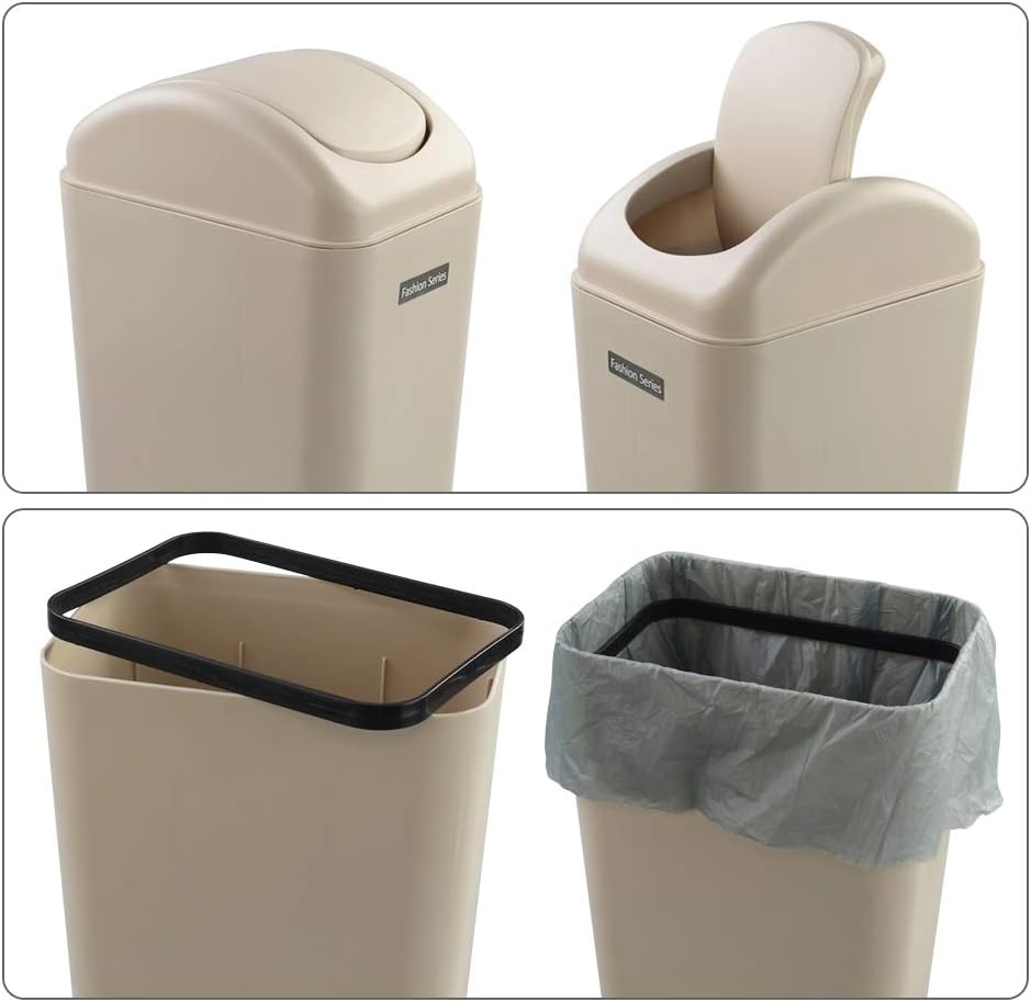 Ponpong 14 Litre Plastic Swing Trash Can Dustbin with Lid, Khaki, 1 Pack: Home & Kitchen