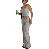 LICOBOD Sexy lounge wear 2 Piece Outfits for Women Crop tube Top High Waist Foldover Flare Pants Sets Beach Vacation Trave