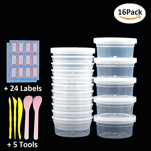 RIOUSSI 4.5oz Containers for Slime, 16 Pack Durable Slime Storage Containers with Lids + 5pcs Slime Tools+ 24pcs Sticker Labels. Clear, 4.5oz/130ml Capacity.
