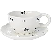 Koythin Ceramic Coffee Mug with Saucers, Handmade Flowers Mugs, Cute Cup for Girl Women, Aesthetic Tea Milk Cup with Handle, 8.5 oz/250 ml for Latte, Cocoa, Office, Home (Black Small Bow)