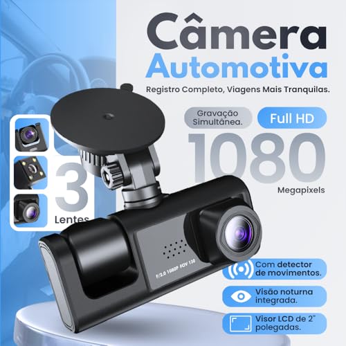 Câmera Veicular 3 Lentes Full HD 1080p, Gravação 360°, Visão Noturna, Sensor G, Detecção de Movimento, Tela LCD, Suporte 32GB