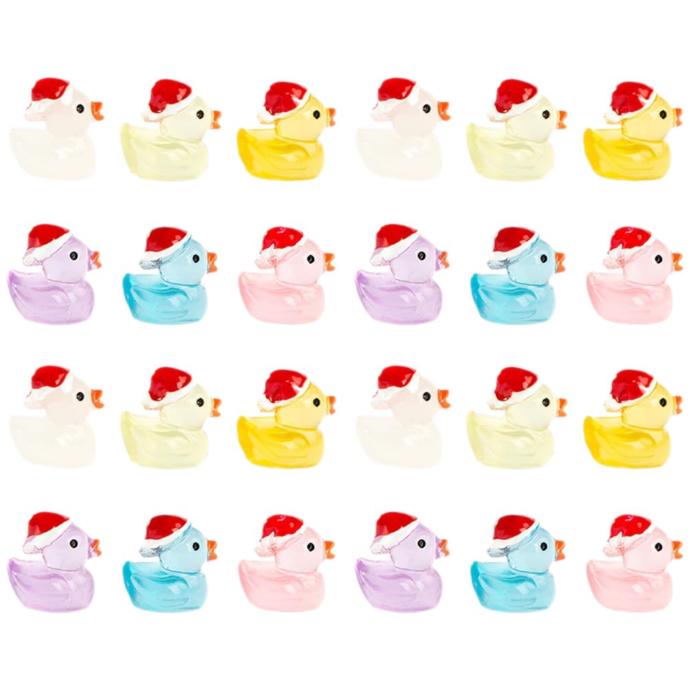 MAGICLULU 24pcs Christmas Mini Resin Ducks Miniature Christmas Hat Ducks Figures Luminous Tiny Ducks Ornaments Micro Landscape Fairy Garden Aquarium Dollhouse Accessories