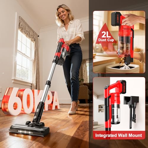 700W Cordless Vacuum Cleaner, 2×4000mAh Brushless Vacuum Cleaners for Home, 6 in 1 Lightweight Stick Vacuum 60kPa, 3 Suction, Portable Handheld Cordless Vacuum for Pet Hair/Hardwood Floor/Dorm Red