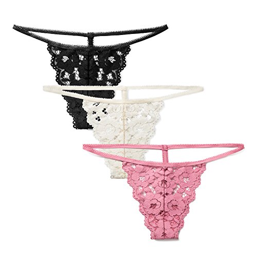 DOBREVA Women's 3 Pack Low Rise G-String Floral Lace Thong T-Back Panties 3 Pack (Thong) L (G String)