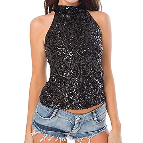 Usstore Women Sequins High Neck Tank Tops Sexy Fashion Shimmer Flashy Embellished Sparkle Nightclub Dance Vest (Free Size, Black)