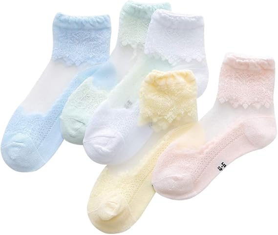 Amazon 靴下 キッズ ガールズ 子供 春夏 レースソックス クルー丈 可愛い ショートソックス 薄手 女の子 おしゃれ くつした 5足セット 透明レース柄2 靴下 通販