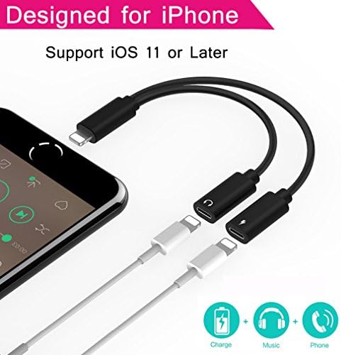 Lightning Jack Adapter Splitter for iPhone X/8/8 Plus/7/7 Plus iPad iPod 2 in 1 Lightning Adapter Charger and Lightning to Aux Headphone Jack Audio Adapter Support iOS 10.3, iOS 11 or Later (Black)