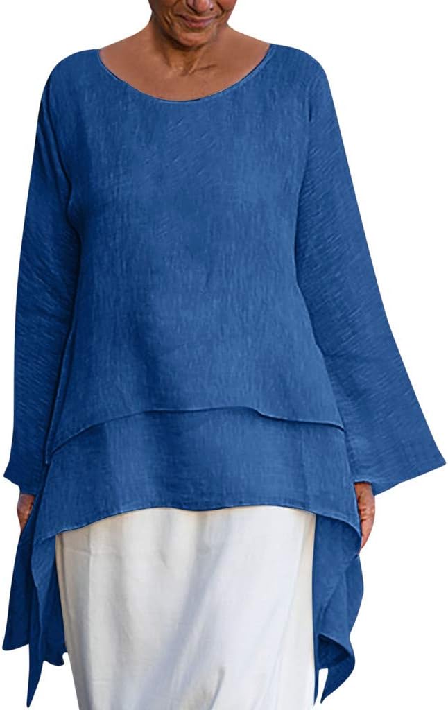 Sale Women Blouse TUDUZ Ladies Plus Size Plain Linen Long Sleeved T Shirt Layered Irregular Hem Tunic Tops