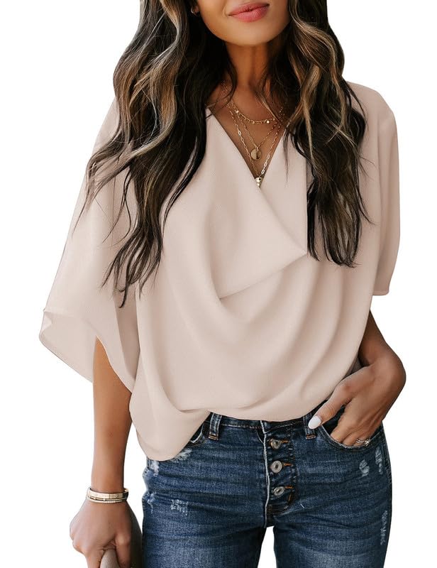 Photo 1 of Dokotoo Blouses for Women Fashion 2025 Womens Tops Business Casual Outfits Teacher Shirts 3/4 Sleeve Spring Summer Tops Cute Wrap Blouse Dressy Apricot Work Shirt Office Clothes, XX-Large