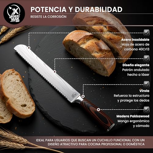 Fleximaxx Home ® Professional Bread Knife 20cm Saw Knife for Crispy Bread and Baguette Stainless Steel Kitchen Knife with Ergonomic Wooden Handle Knives Professional Kitchen Knives