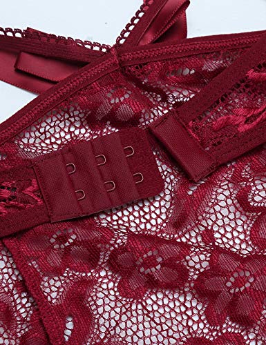 Avidlove Sexy Teddy Lingerie Lace Bodysuit One Piece Babydoll Mesh Bodysuit Dark Red