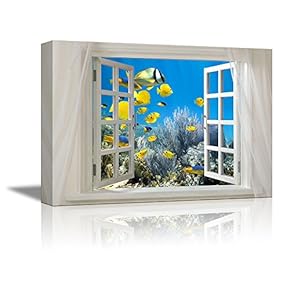 Glimpse into Deep Sea View and Tropical Fish Out of Open Window - Canvas Art Wall Art - 24" x 36"