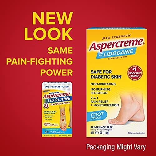 Aspercreme Odor Free Lidocaine Foot Pain Relief Cream 4 oz. Safe for