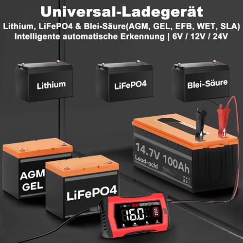 HTRC 16A Car Battery Charger, 6V/12V/24V Battery Charger for Car, Truck, Motorcycle, Lawn Mower, Boat, Marine Batteries, Lithium, LiFePO4, Lead-Acid Charger for AGM, Gel, EFB etc