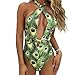Lady Novelty Trending Halter Bandage Tie Swimwear High Cut Key-Hole Peacock Pattern Boho One Piece Bikini Bathing Suit