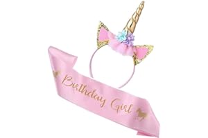 Alomois Unicorn Birthday Set of Gold Glitter Unicorn Headband Pink Satin Sash for Happy Birthday Unicorn Decorations