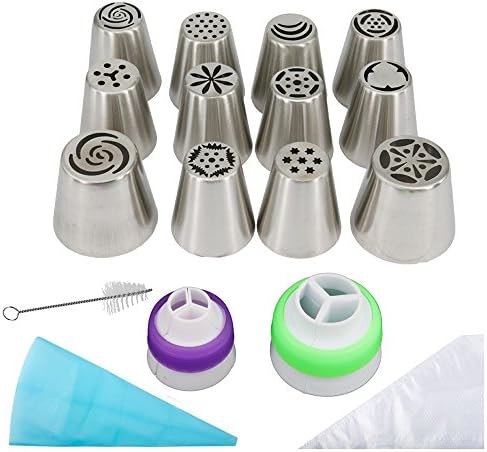 CALLANY Russian Piping Tips ALL-IN-ONE 50 PC Baking Decorating Kit | 12 Russian Nozzles, 15 Disposable Pastry Bags, 1 Reusable Silicone Bag, 2 size Couplers, 1 Brush