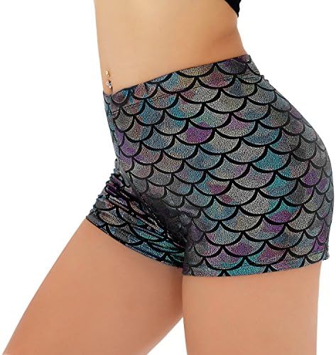 Nihoe Women's Sexy Shiny Metallic Rave Booty Dance Shorts (X-Large, Multicolor Black Silver)