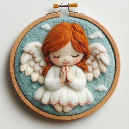 DIY Needle Felting Kits for Beginners Cute Little Praying Angel Girl with Frame Needle Felt Starter Set Handmade Wool Painting Art for Adults Decompress Home Decor 20x20cm-3